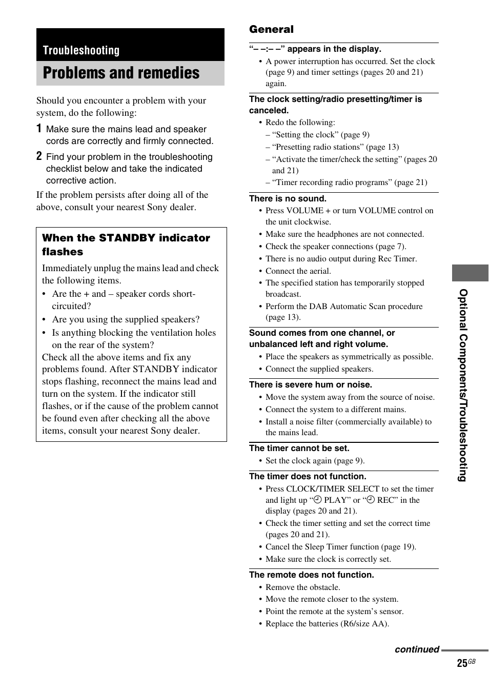 Troubleshooting, Problems and remedies | Sony CMT-NEZ7DAB User Manual | Page 25 / 36