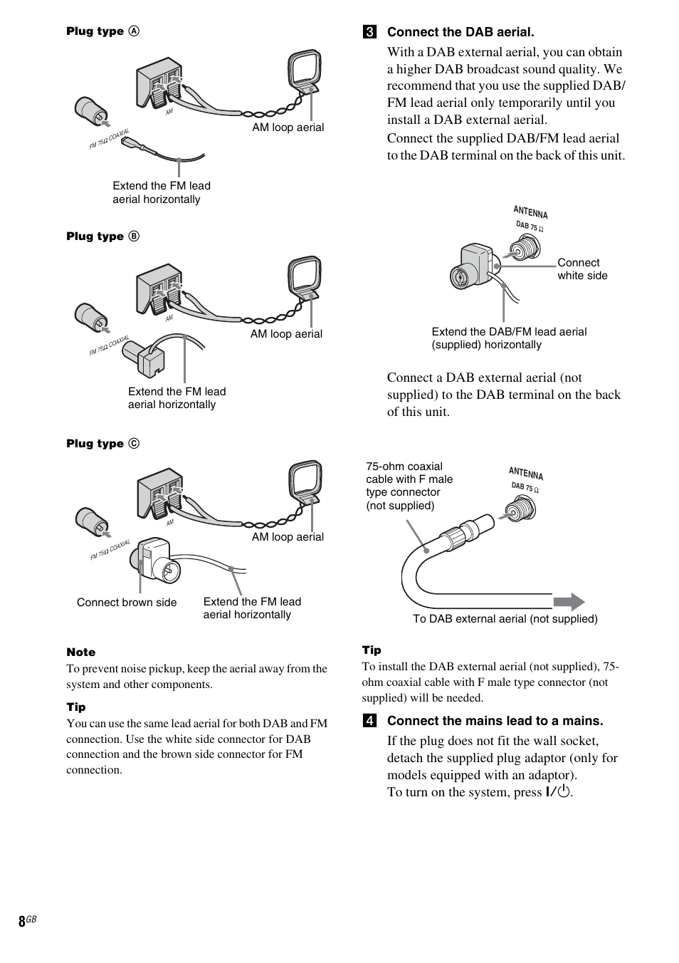 3 connect the dab aerial, 4 connect the mains lead to a mains | Sony CMT-NEZ7DAB User Manual | Page 8 / 36