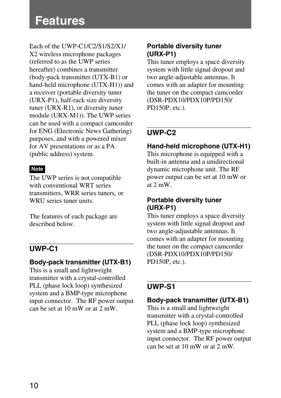 Features, Features 10 | Sony UWP-C1/C2 User Manual | Page 10 / 48