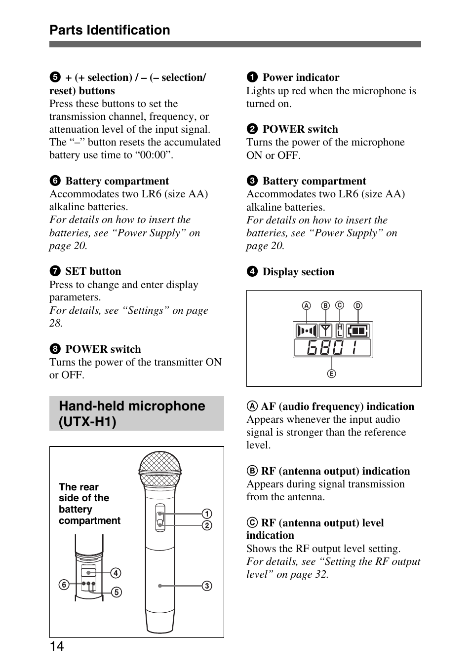 Hand-held microphone (utx-h1), Parts identification 14 | Sony UWP-C1/C2 User Manual | Page 14 / 48