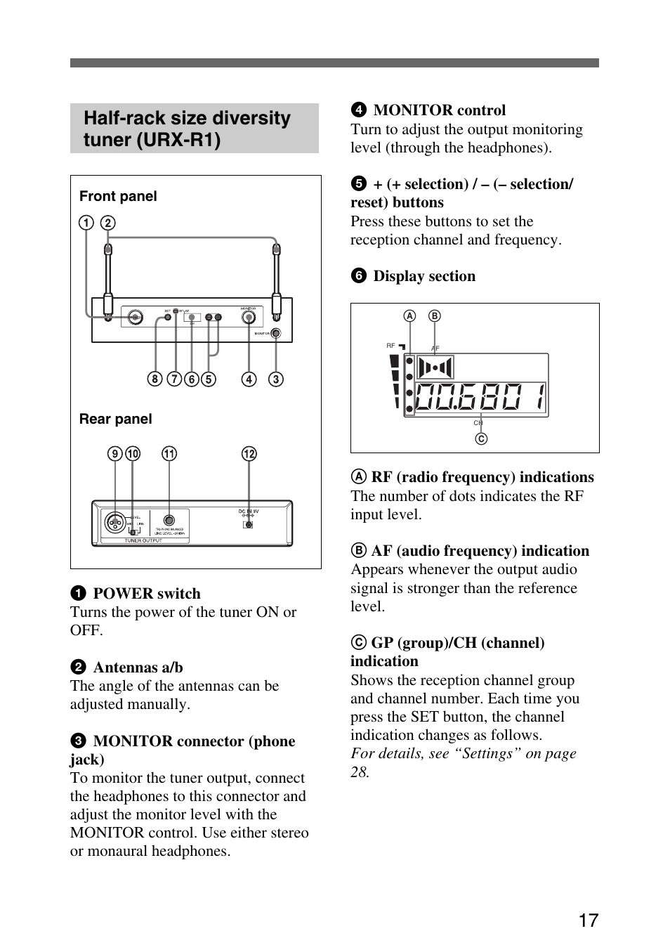 Half-rack size diversity tuner (urx-r1), 17 half-rack size diversity tuner (urx-r1) | Sony UWP-C1/C2 User Manual | Page 17 / 48