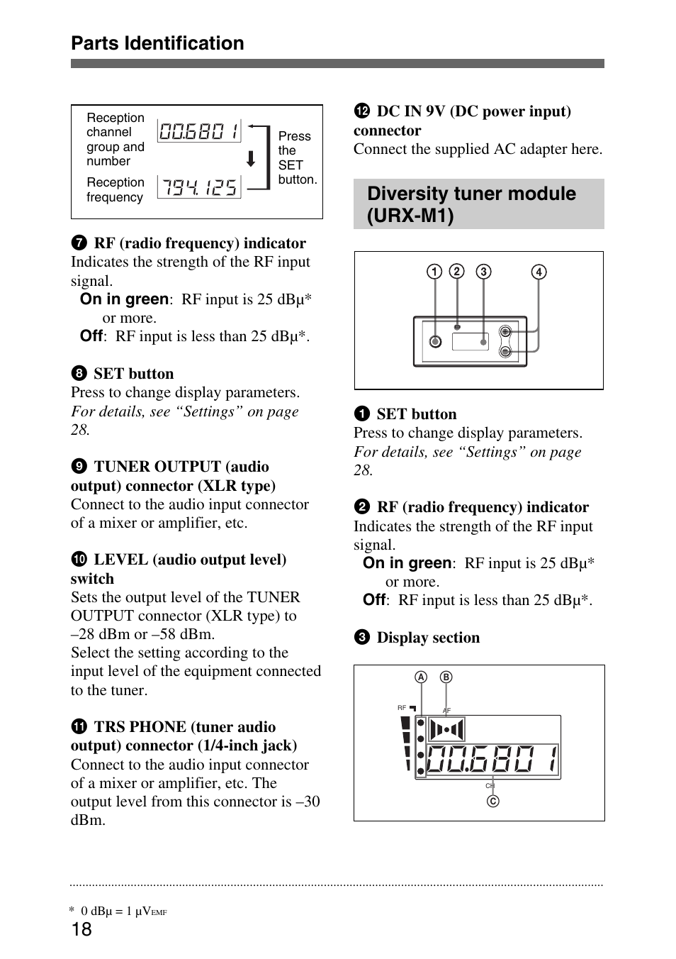 Diversity tuner module (urx-m1), Parts identification 18 | Sony UWP-C1/C2 User Manual | Page 18 / 48