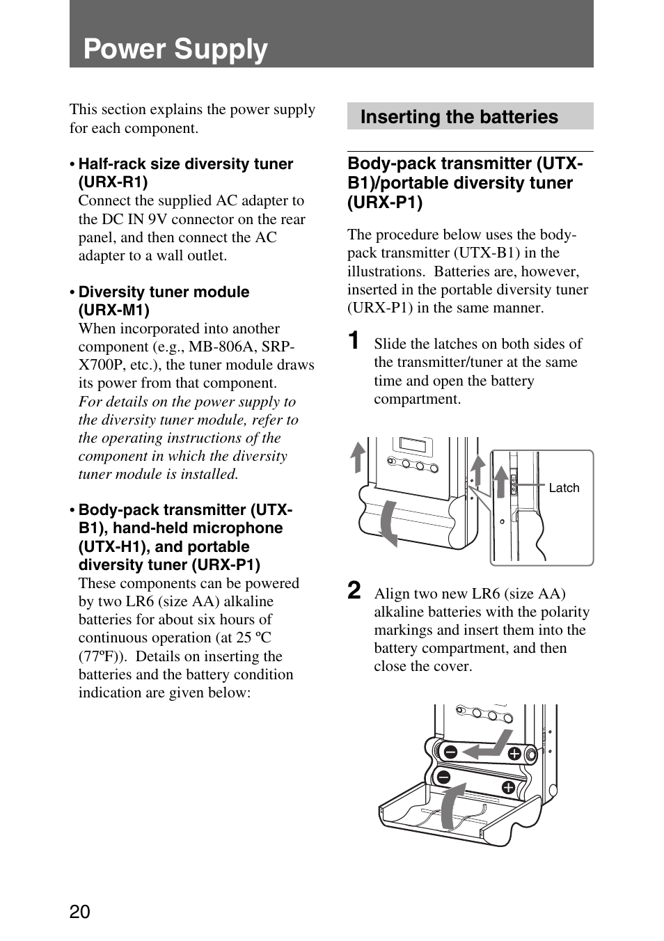 Power supply, Inserting the batteries | Sony UWP-C1/C2 User Manual | Page 20 / 48