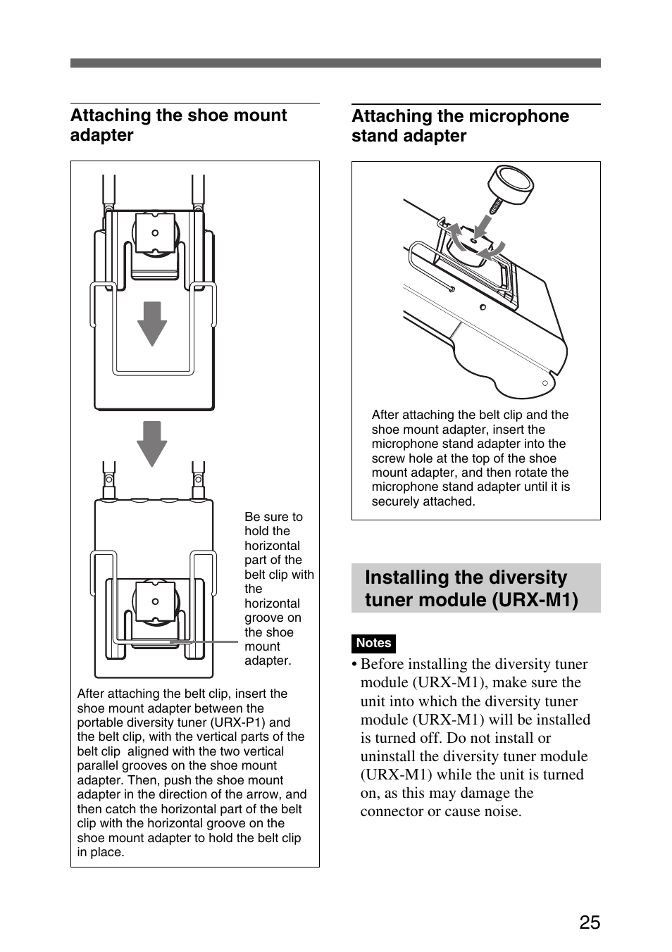 Installing the diversity tuner module (urx-m1) | Sony UWP-C1/C2 User Manual | Page 25 / 48