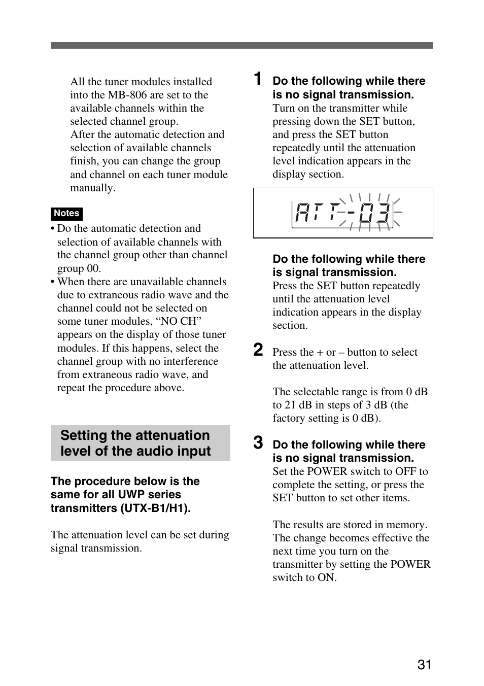 Setting the attenuation level of the audio input | Sony UWP-C1/C2 User Manual | Page 31 / 48