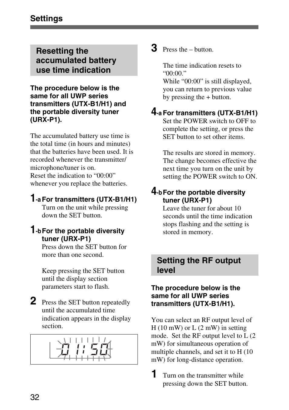 Setting the rf output level | Sony UWP-C1/C2 User Manual | Page 32 / 48