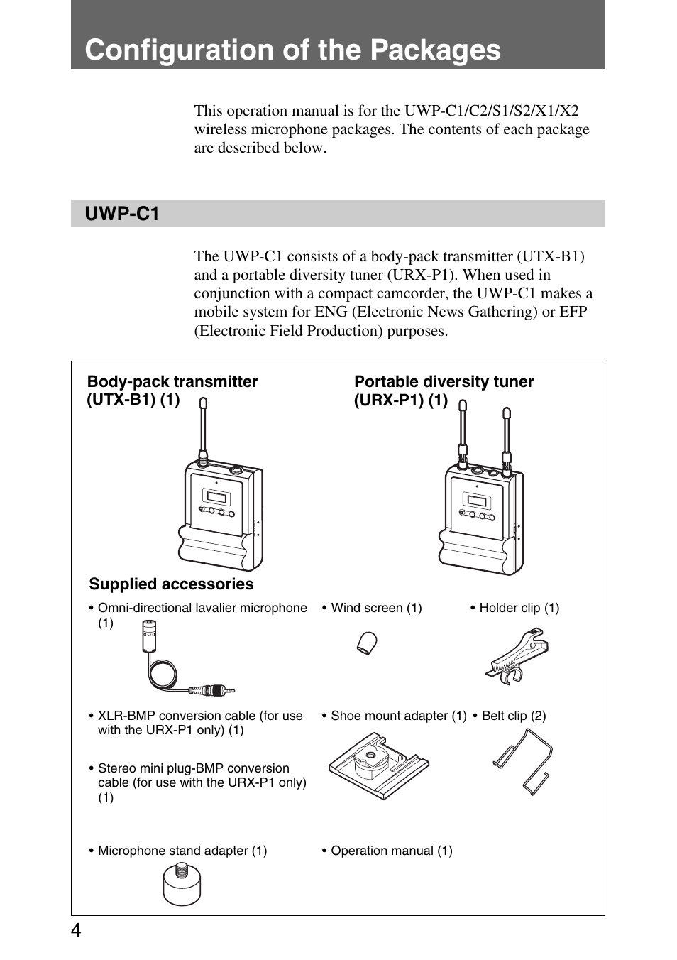 Configuration of the packages, Uwp-c1, Configuration of the packages 4 | Sony UWP-C1/C2 User Manual | Page 4 / 48