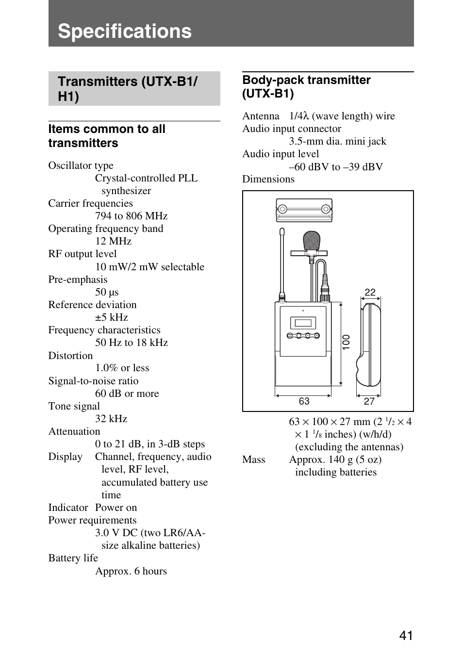 Specifications, Transmitters (utx-b1/ h1) | Sony UWP-C1/C2 User Manual | Page 41 / 48