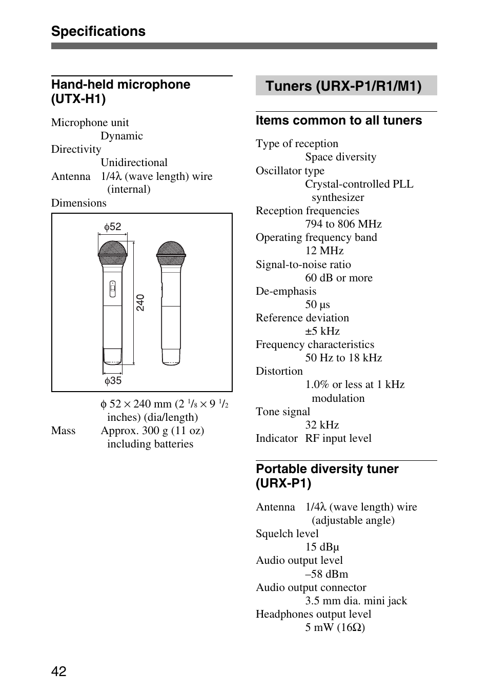 Specifications 42, Tuners (urx-p1/r1/m1) | Sony UWP-C1/C2 User Manual | Page 42 / 48