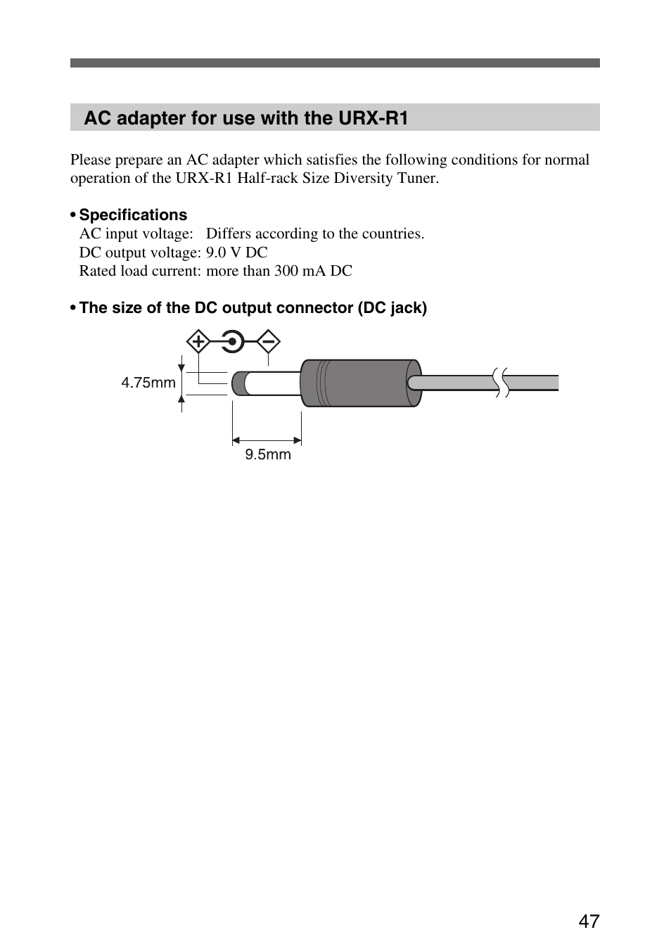 Ac adapter for use with the urx-r1 | Sony UWP-C1/C2 User Manual | Page 47 / 48