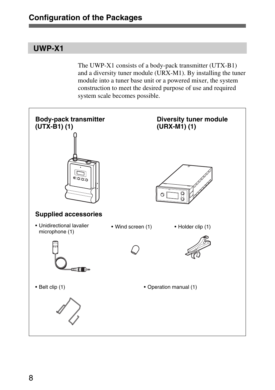 Uwp-x1, Configuration of the packages 8 uwp-x1 | Sony UWP-C1/C2 User Manual | Page 8 / 48