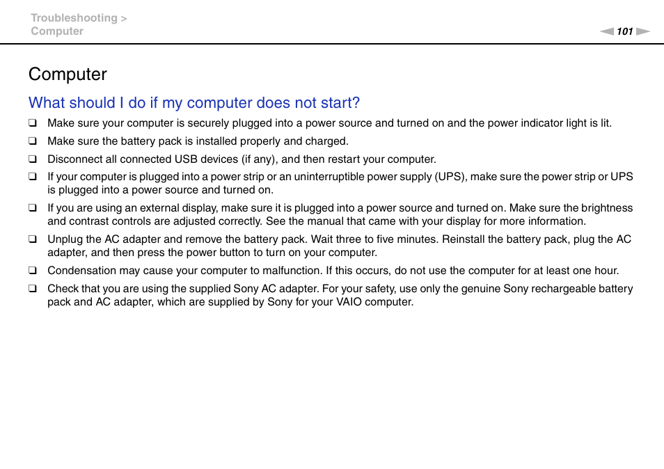 Computer, What should i do if my computer does not start | Sony VAIO VPCX11 User Manual | Page 101 / 137