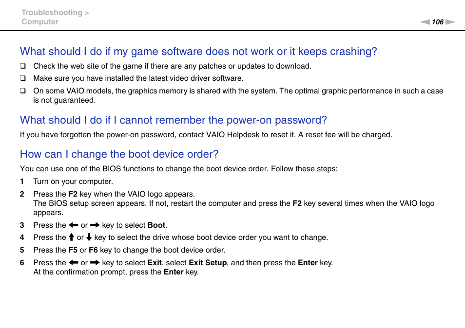 How can i change the boot device order | Sony VAIO VPCX11 User Manual | Page 106 / 137