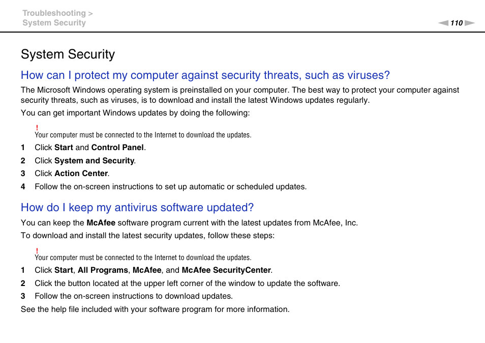 System security, How do i keep my antivirus software updated | Sony VAIO VPCX11 User Manual | Page 110 / 137