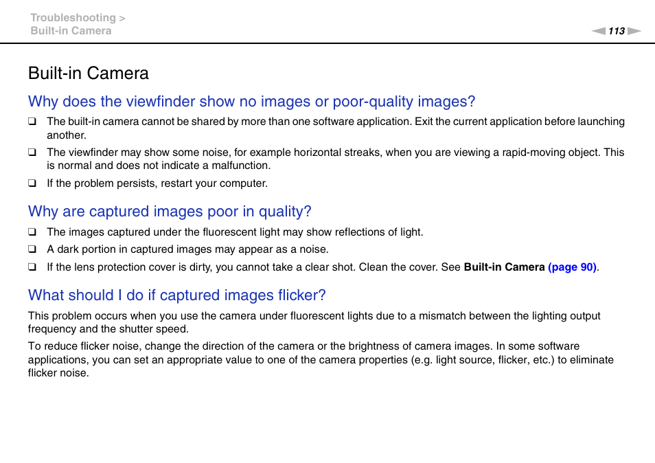 Built-in camera, Why are captured images poor in quality, What should i do if captured images flicker | Sony VAIO VPCX11 User Manual | Page 113 / 137