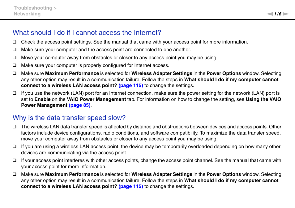 What should i do if i cannot access the internet, Why is the data transfer speed slow | Sony VAIO VPCX11 User Manual | Page 116 / 137