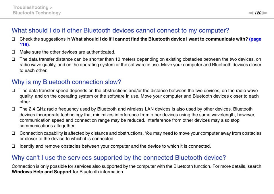 Why is my bluetooth connection slow | Sony VAIO VPCX11 User Manual | Page 120 / 137