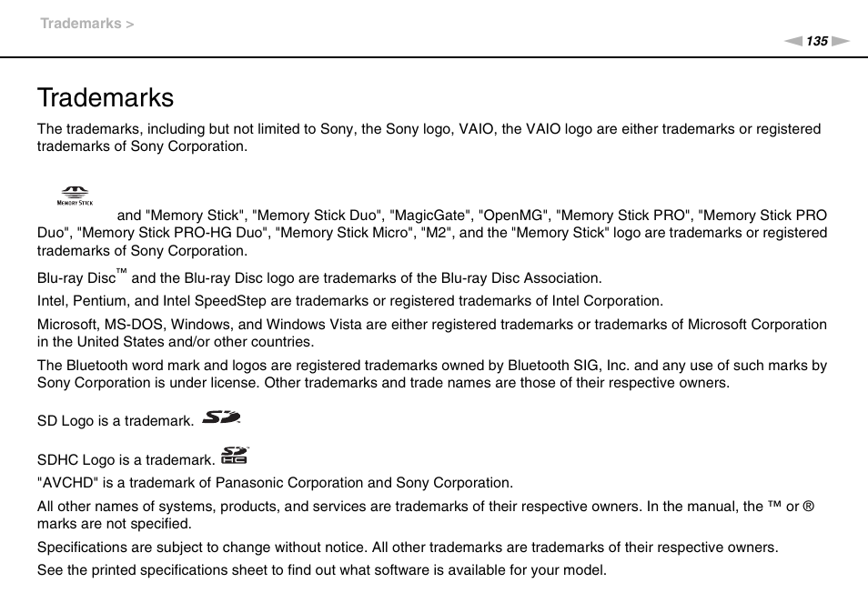 Trademarks | Sony VAIO VPCX11 User Manual | Page 135 / 137