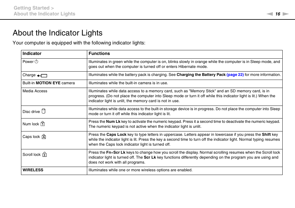 About the indicator lights | Sony VAIO VPCX11 User Manual | Page 16 / 137