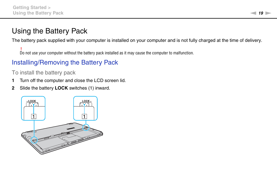 Using the battery pack, Installing/removing the battery pack | Sony VAIO VPCX11 User Manual | Page 19 / 137