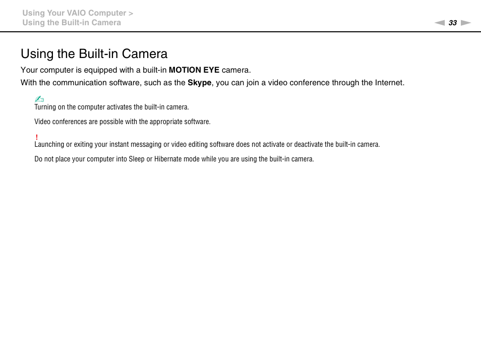 Using the built-in camera | Sony VAIO VPCX11 User Manual | Page 33 / 137