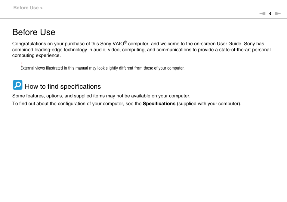 Before use, How to find specifications | Sony VAIO VPCX11 User Manual | Page 4 / 137