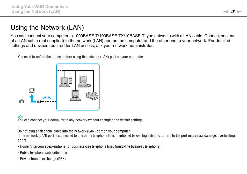 Using the network (lan) | Sony VAIO VPCX11 User Manual | Page 45 / 137