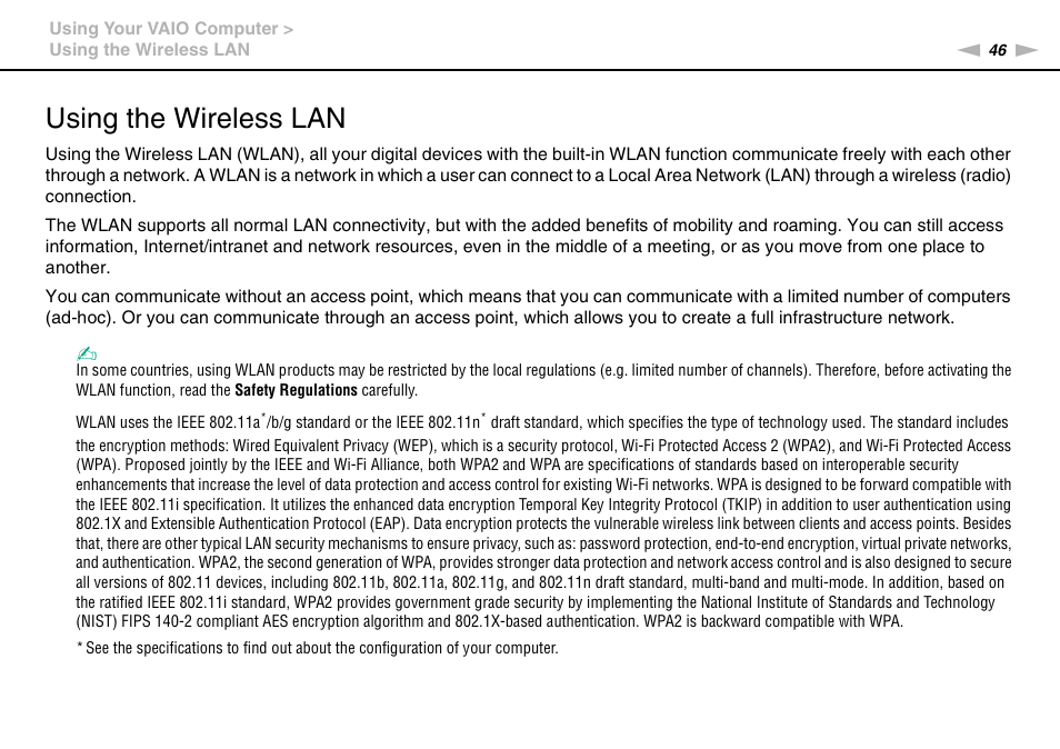 Using the wireless lan | Sony VAIO VPCX11 User Manual | Page 46 / 137