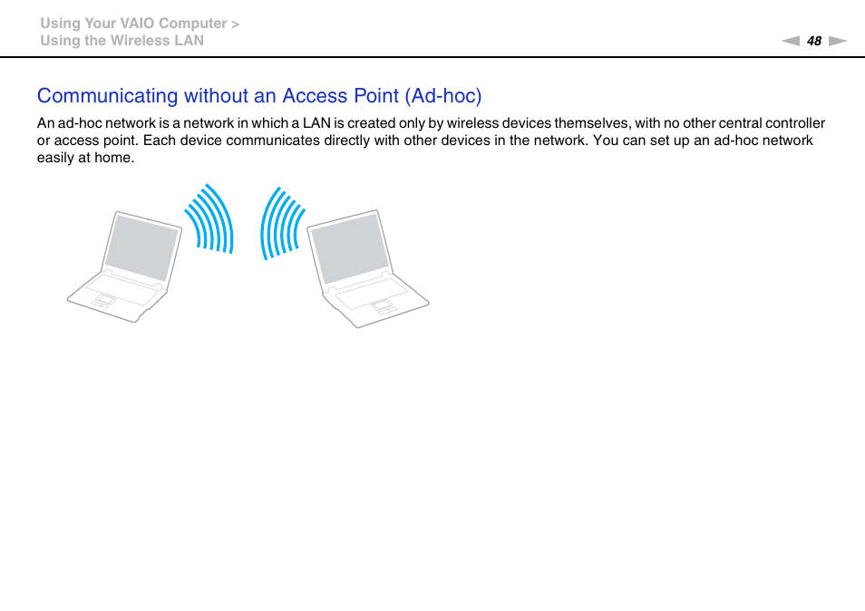 Communicating without an access point (ad-hoc) | Sony VAIO VPCX11 User Manual | Page 48 / 137