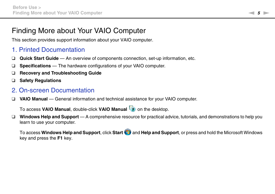 Finding more about your vaio computer, Printed documentation, On-screen documentation | Sony VAIO VPCX11 User Manual | Page 5 / 137