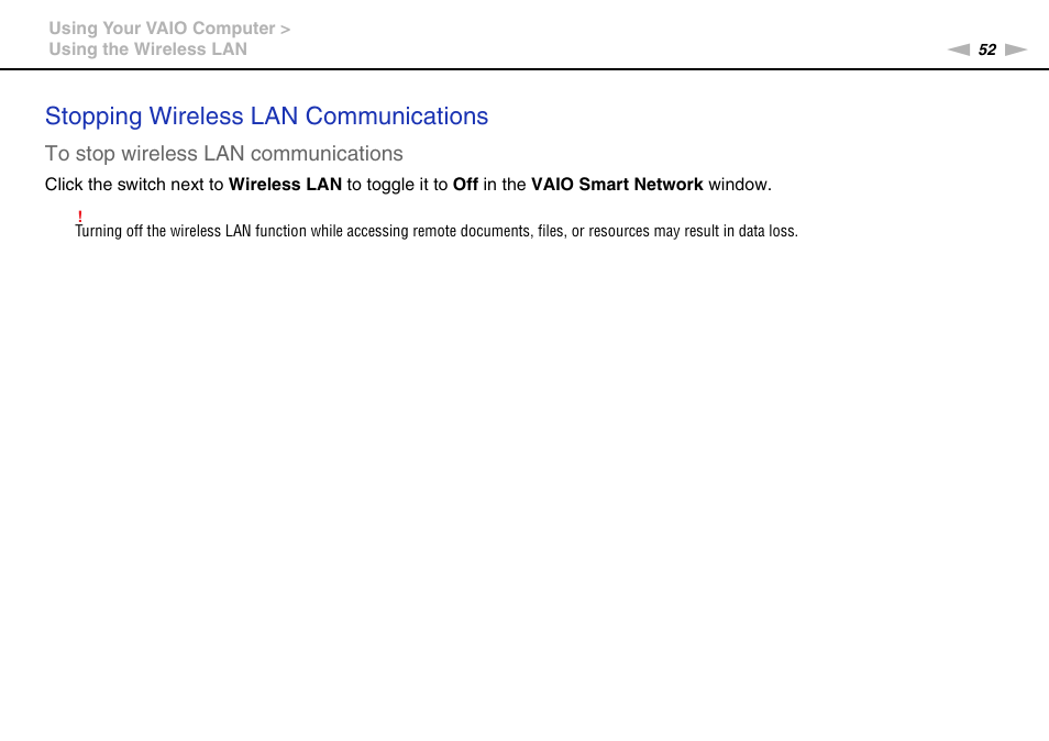 Stopping wireless lan communications | Sony VAIO VPCX11 User Manual | Page 52 / 137