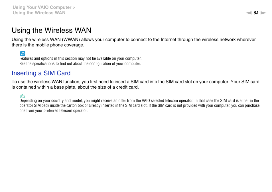 Using the wireless wan, Inserting a sim card | Sony VAIO VPCX11 User Manual | Page 53 / 137