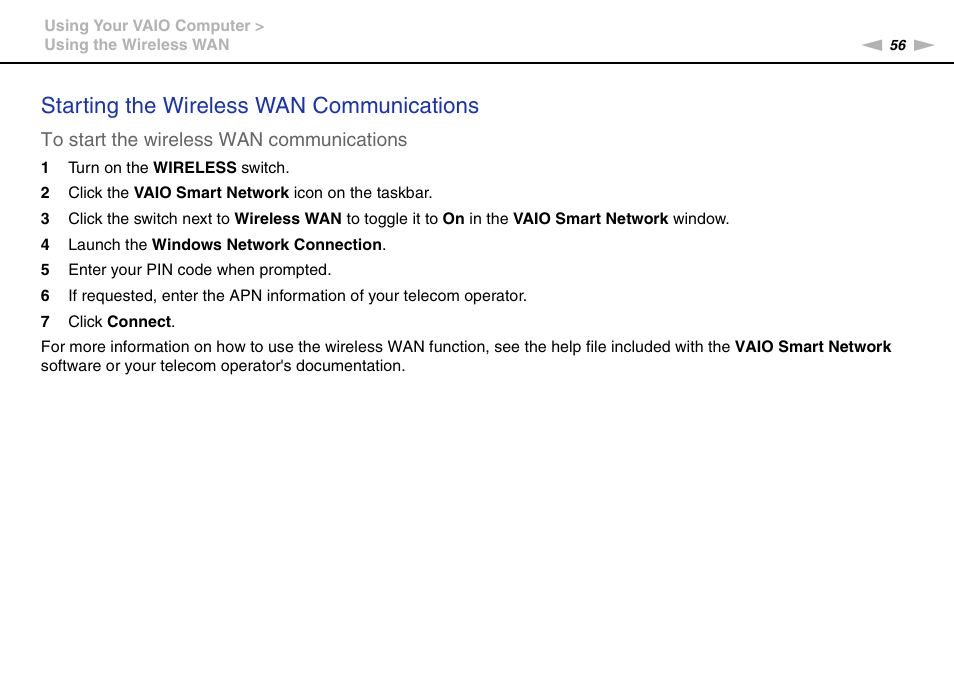 Starting the wireless wan communications | Sony VAIO VPCX11 User Manual | Page 56 / 137