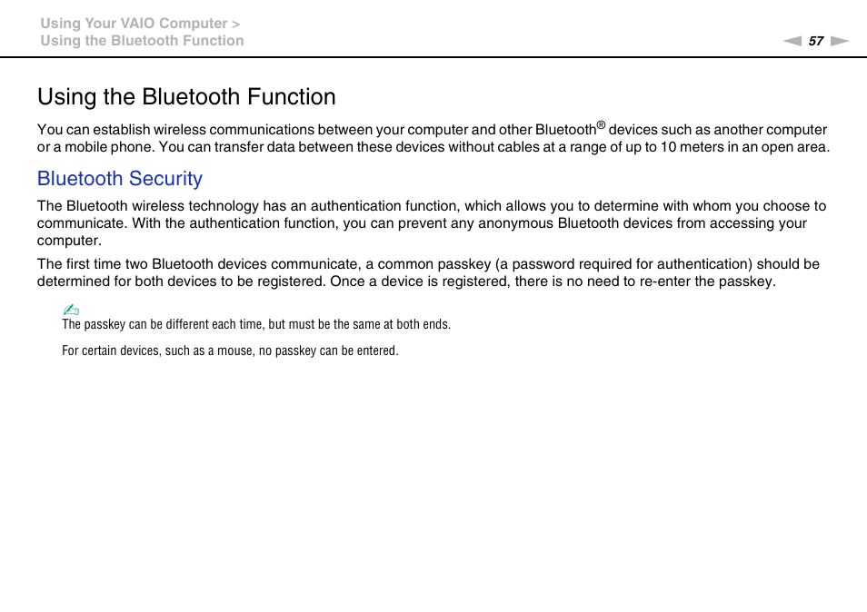 Using the bluetooth function, Tion, Bluetooth security | Sony VAIO VPCX11 User Manual | Page 57 / 137