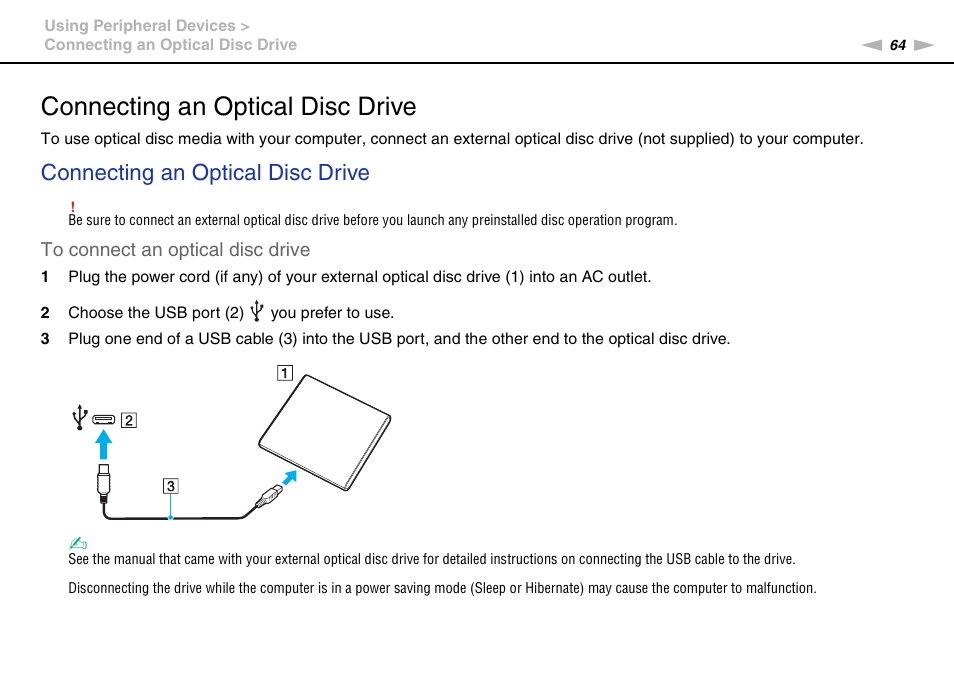 Connecting an optical disc drive | Sony VAIO VPCX11 User Manual | Page 64 / 137