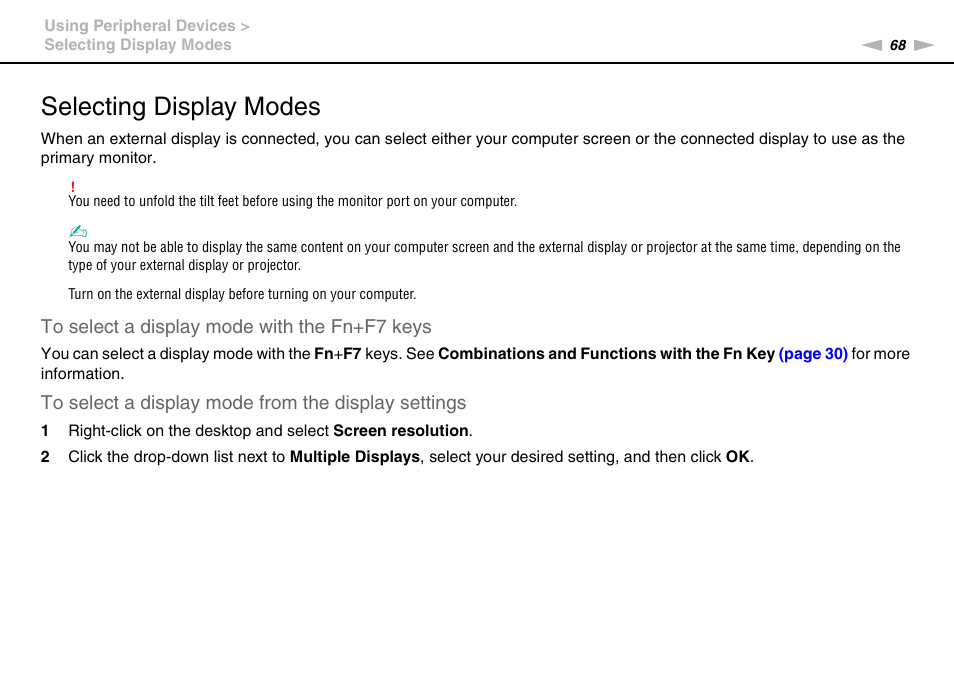 Selecting display modes | Sony VAIO VPCX11 User Manual | Page 68 / 137