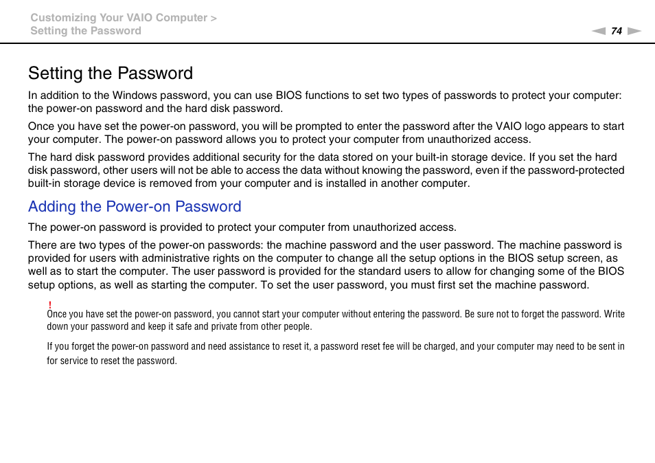 Setting the password, Adding the power-on password | Sony VAIO VPCX11 User Manual | Page 74 / 137