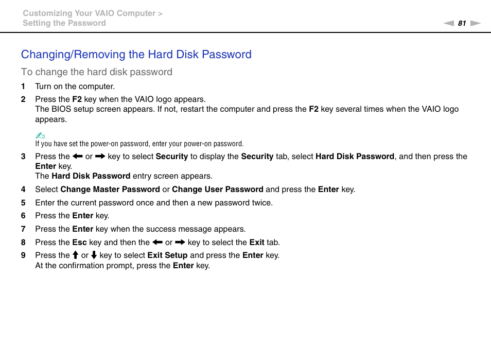 Changing/removing the hard disk password | Sony VAIO VPCX11 User Manual | Page 81 / 137