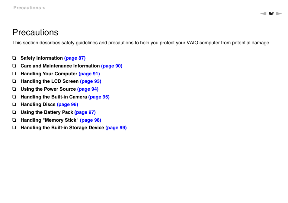 Precautions | Sony VAIO VPCX11 User Manual | Page 86 / 137