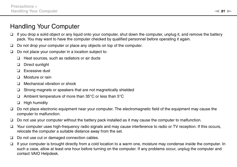 Handling your computer | Sony VAIO VPCX11 User Manual | Page 91 / 137