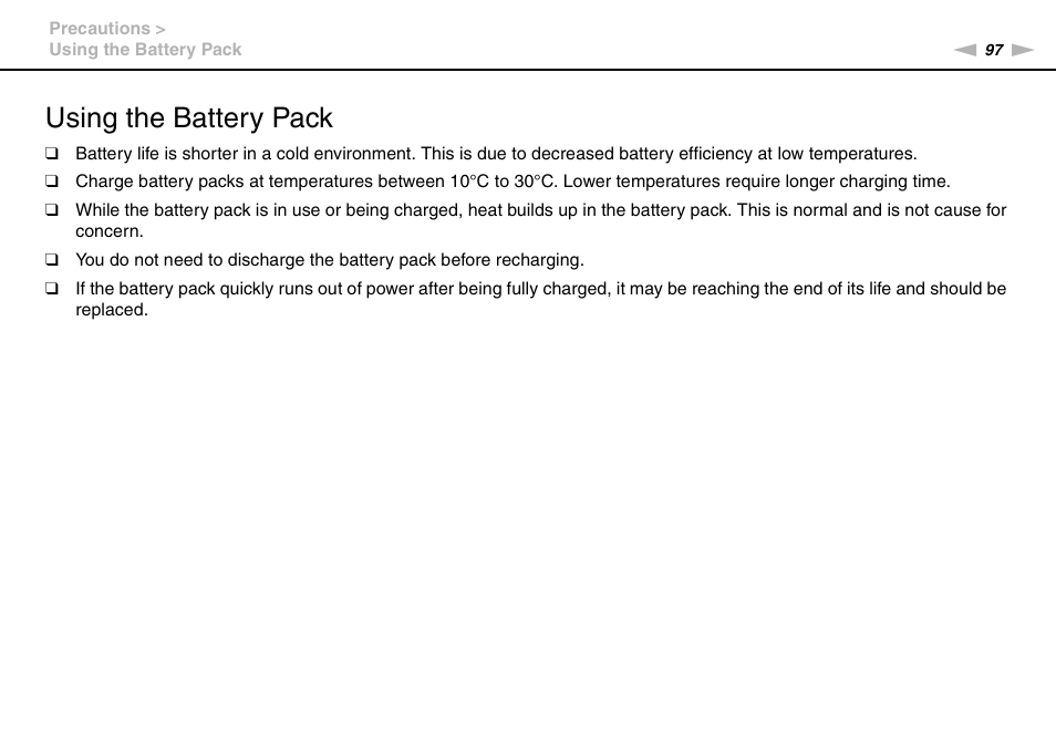 Using the battery pack | Sony VAIO VPCX11 User Manual | Page 97 / 137