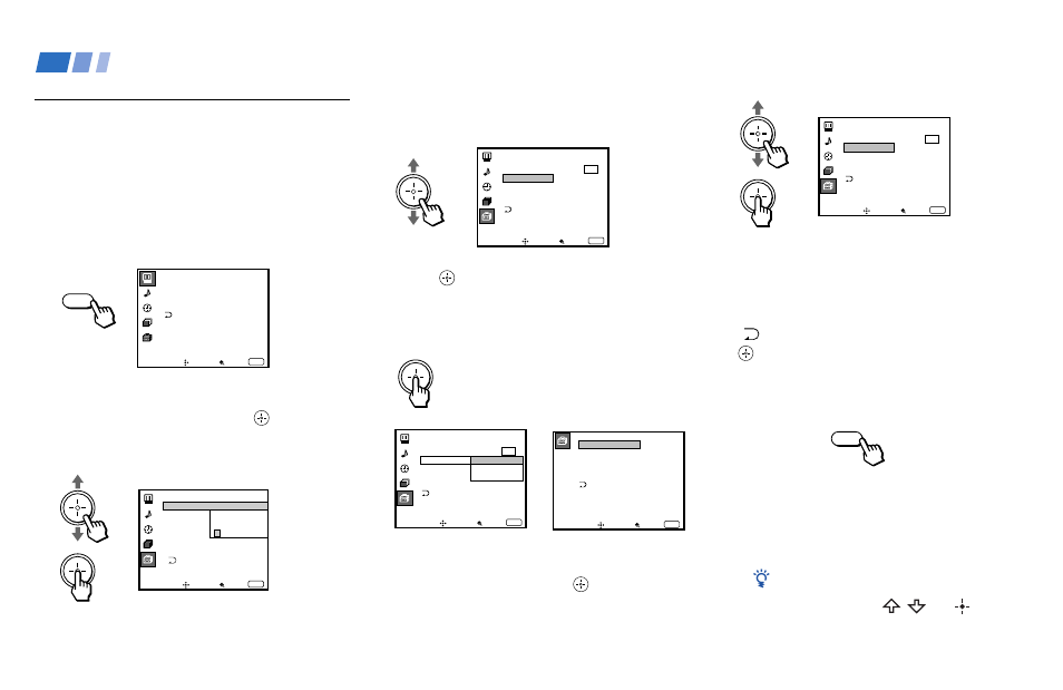 Adjusting your set up (menus), Learning menu selection, Press the menu button. the main menu appears | Press menu. tip z | Sony KP 48V85 User Manual | Page 37 / 66