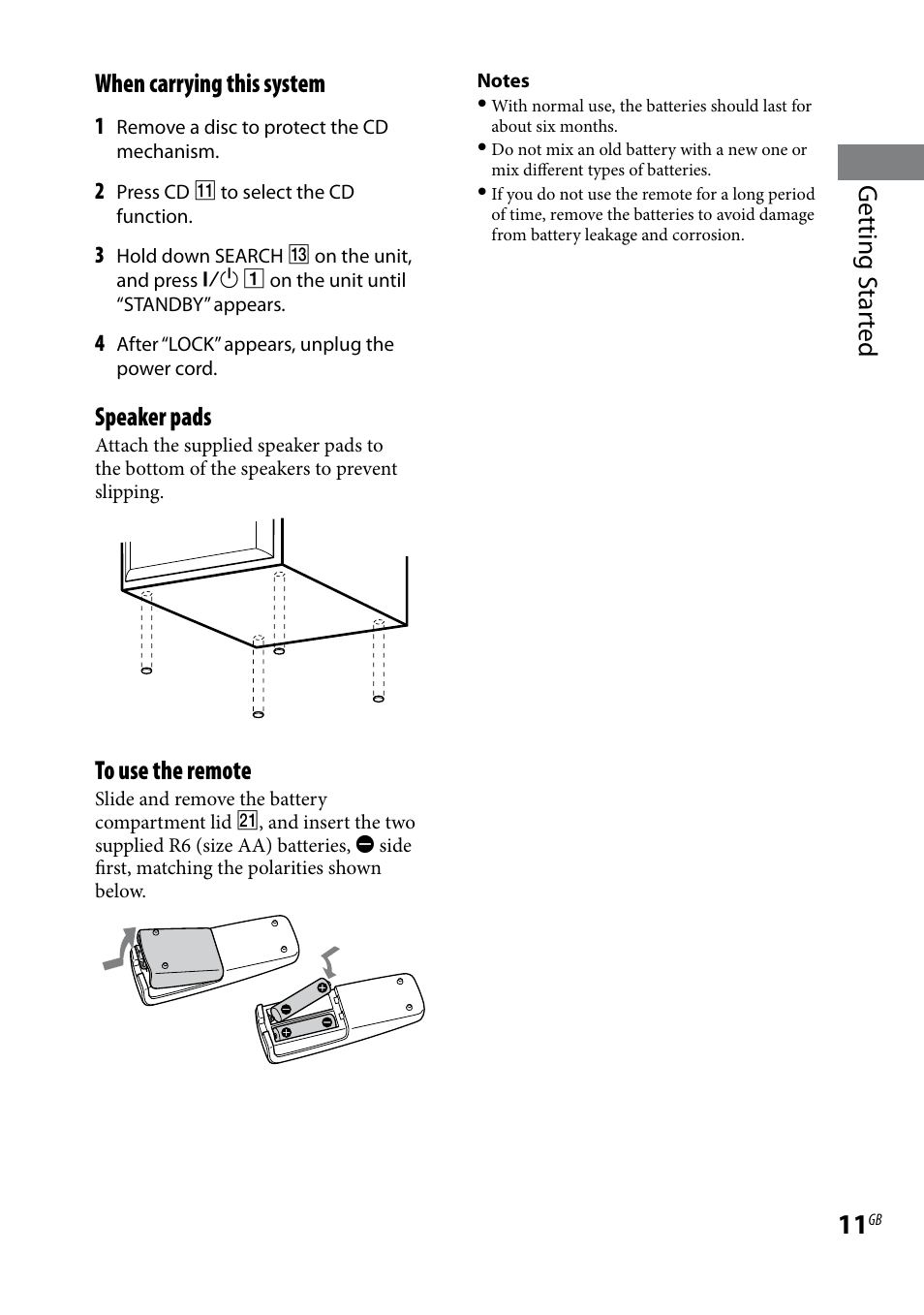 Getting s tar ted when carrying this system, Speaker pads | Sony CMT-HX5BT User Manual | Page 11 / 40