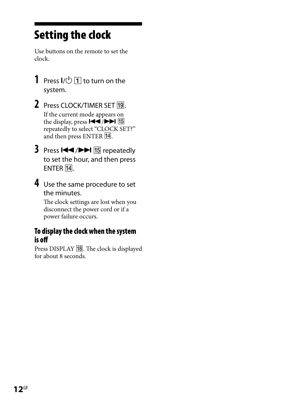 Setting the clock | Sony CMT-HX5BT User Manual | Page 12 / 40