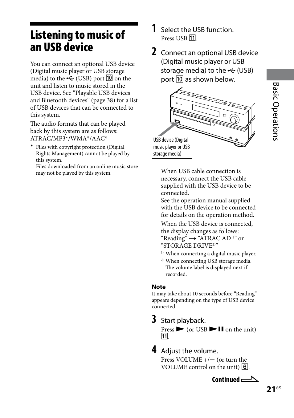 Listening to music of an usb device, Listening to music of an usb, Device | Basic oper ations | Sony CMT-HX5BT User Manual | Page 21 / 40