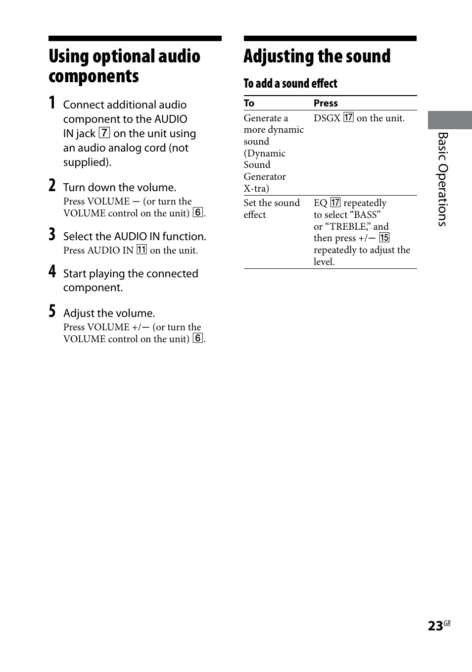 Using optional audio components, Adjusting the sound, Using optional audio | Components adjusting the sound | Sony CMT-HX5BT User Manual | Page 23 / 40