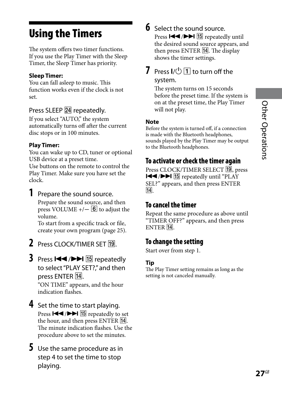 Using the timers, Other oper ations | Sony CMT-HX5BT User Manual | Page 27 / 40