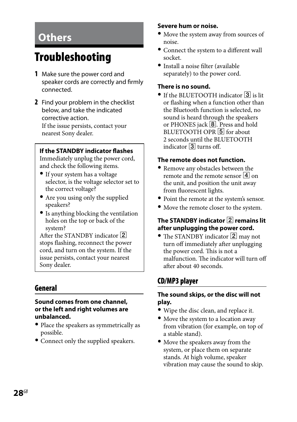 Others, Troubleshooting, General | Cd/mp3 player | Sony CMT-HX5BT User Manual | Page 28 / 40