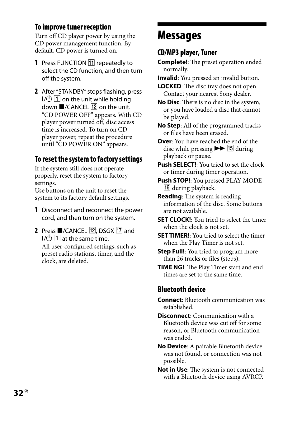 Messages, Cd/mp3 player, tuner, Bluetooth device | Sony CMT-HX5BT User Manual | Page 32 / 40