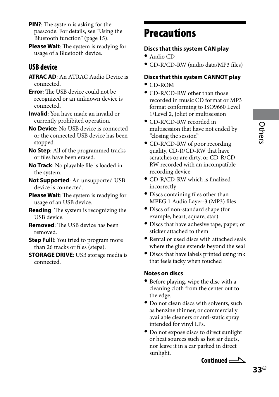 Precautions, Others, Usb device | Sony CMT-HX5BT User Manual | Page 33 / 40